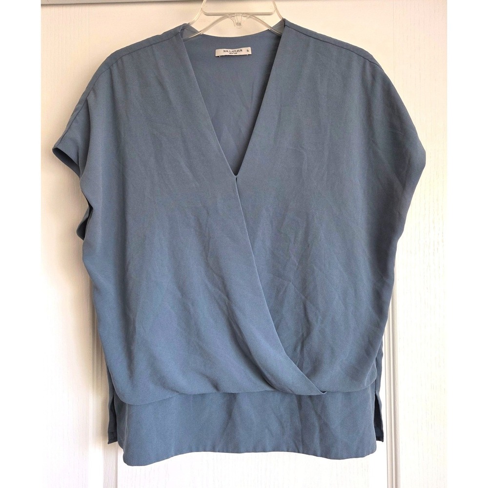MM.LaFleur Didion Top Steel Blue Faux Wrap V-Neck Short Sleeve Blouse Sz XL